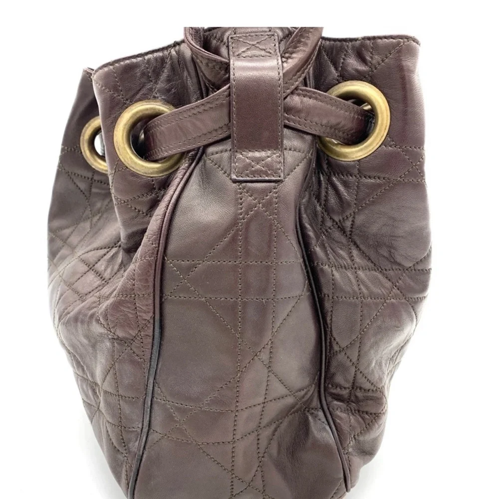 Christian Dior Vintage Brown Quilted Leather Cannage Drawstring Bucket Bag - Picture 3 of 12